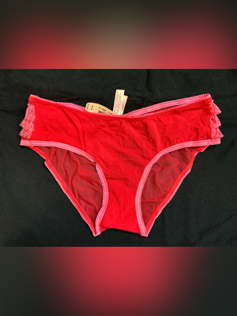 Victoria's Secret Hip Hugger Red Panty with Pink Lace Trim Sz Medium